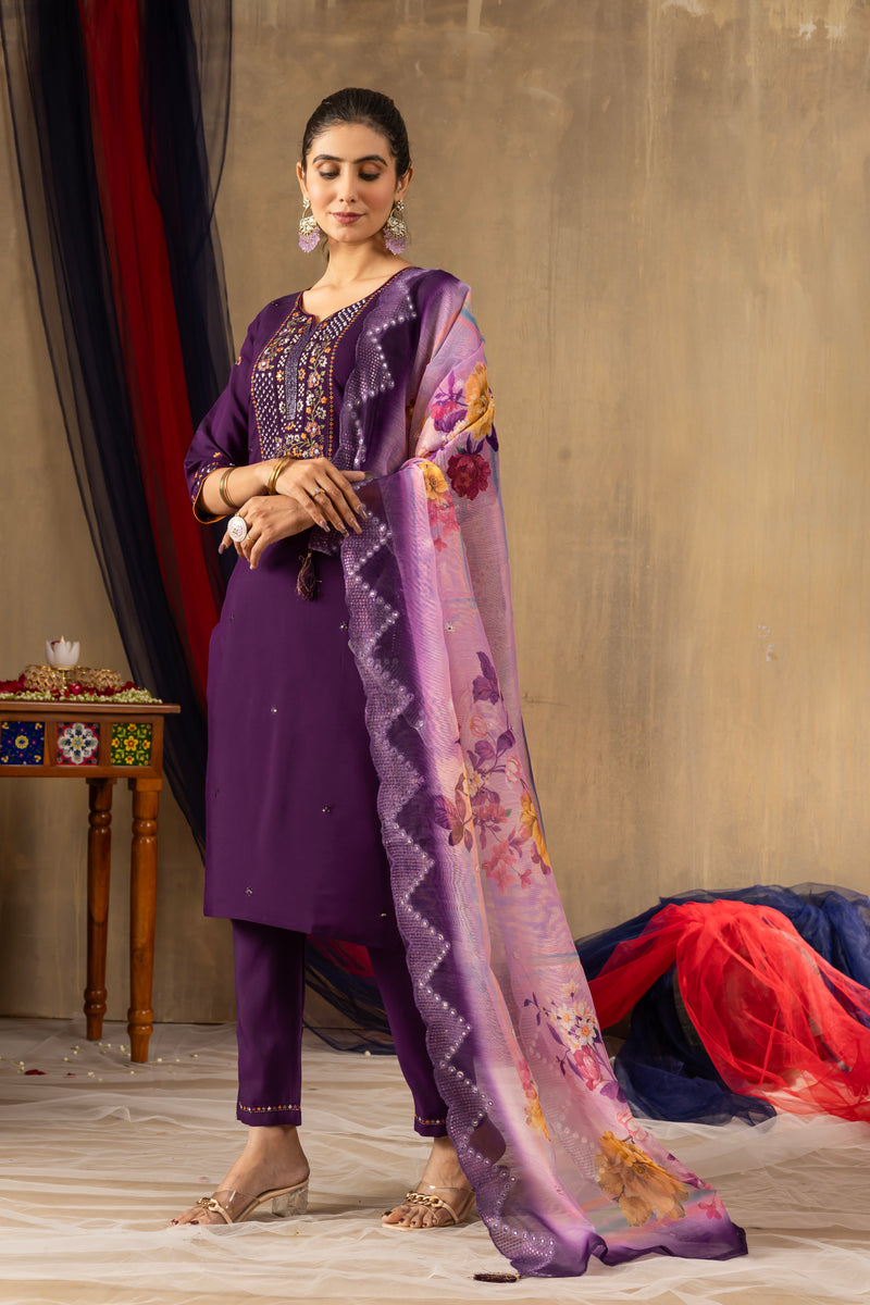 Deep Purple Embroidered Roman Silk Suit Set with Floral Mirror
