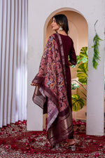 Deep Wine V-Neck Marina Viscose Silk Suit Set with Printed Chanderi Dupatta