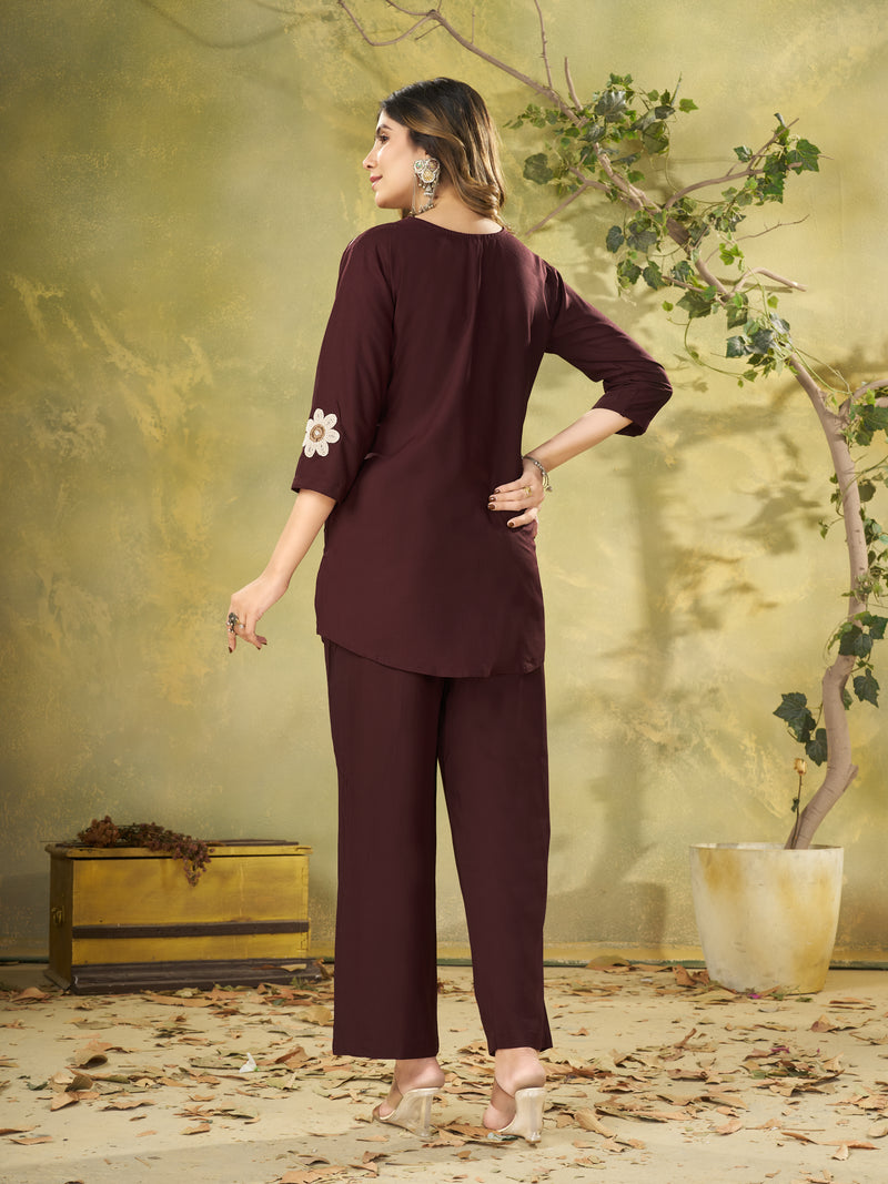 Premium Brown Embroidered Heavy Rayon Co-ord Set
