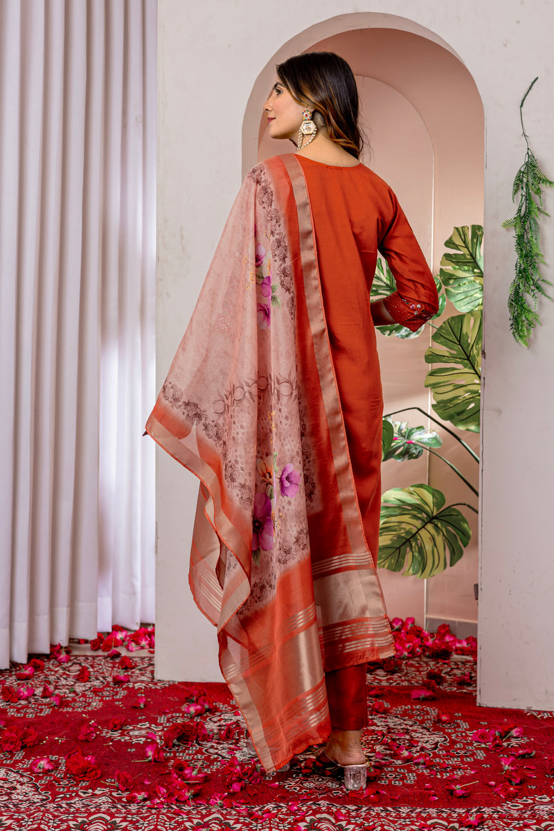 Vibrant Orange Embroidered Viscose Silk Suit Set with Printed Chanderi Dupatta