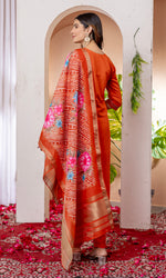 Vibrant Orange V-Neck Marina Viscose Silk Suit Set with Printed Chanderi Dupatta