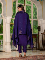 Deep Violet Embroidered Marina Silk Suit Set with Maslin Dupatta