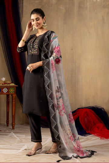 Black Embroidered Roman Silk Suit Set with Floral Chanderi Dupatta