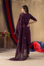 Deep Wine Embroidered Roman Silk Suit Set with Scalloped Chanderi Dupatta