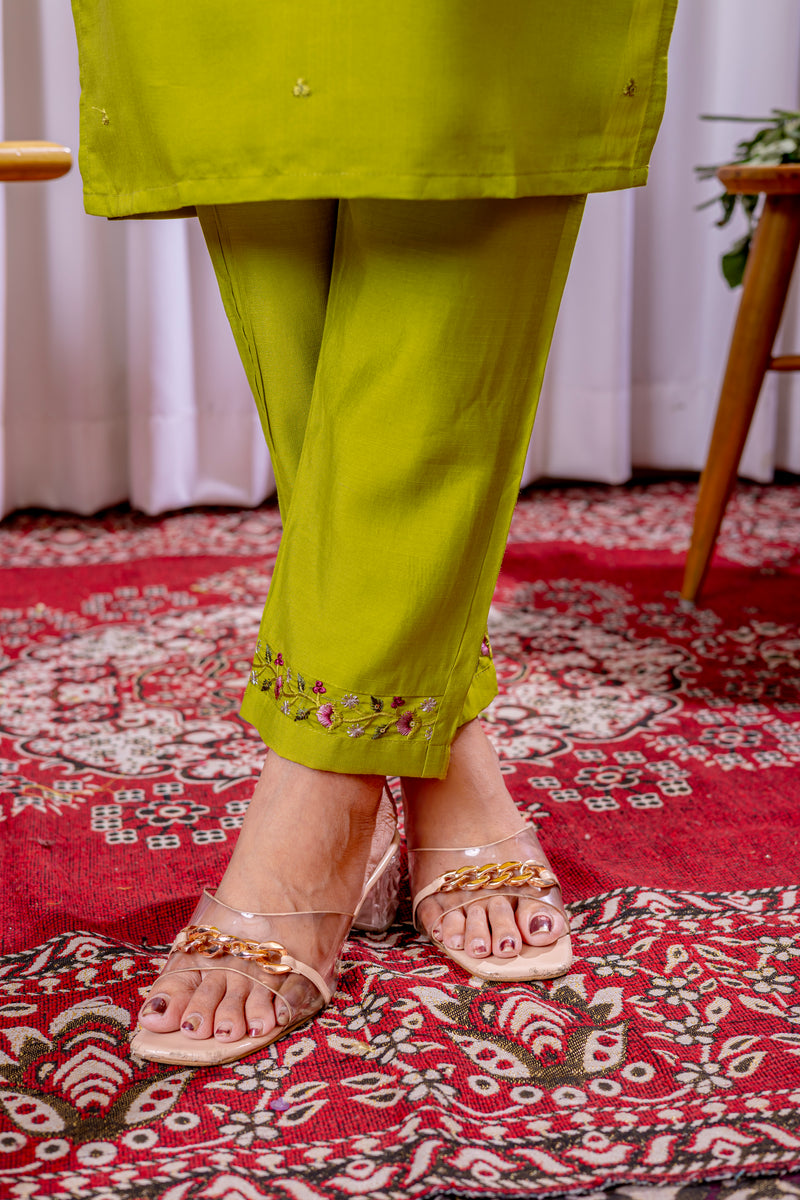 Parrot Green Embroidered Viscose Silk Suit Set with Printed Chanderi Dupatta