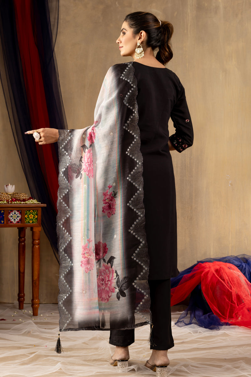 Black Embroidered Roman Silk Suit Set with Floral Chanderi Dupatta