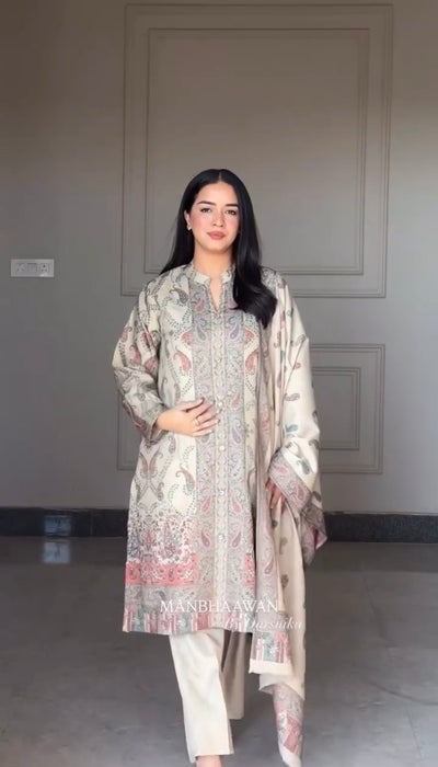 Premium Beige Kashmiri Print Berry Silk Suit Set with Dupatta