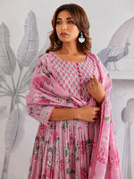 Premium Soft Pink Floral Jaipuri Cotton Flared Anarkali Suit Set