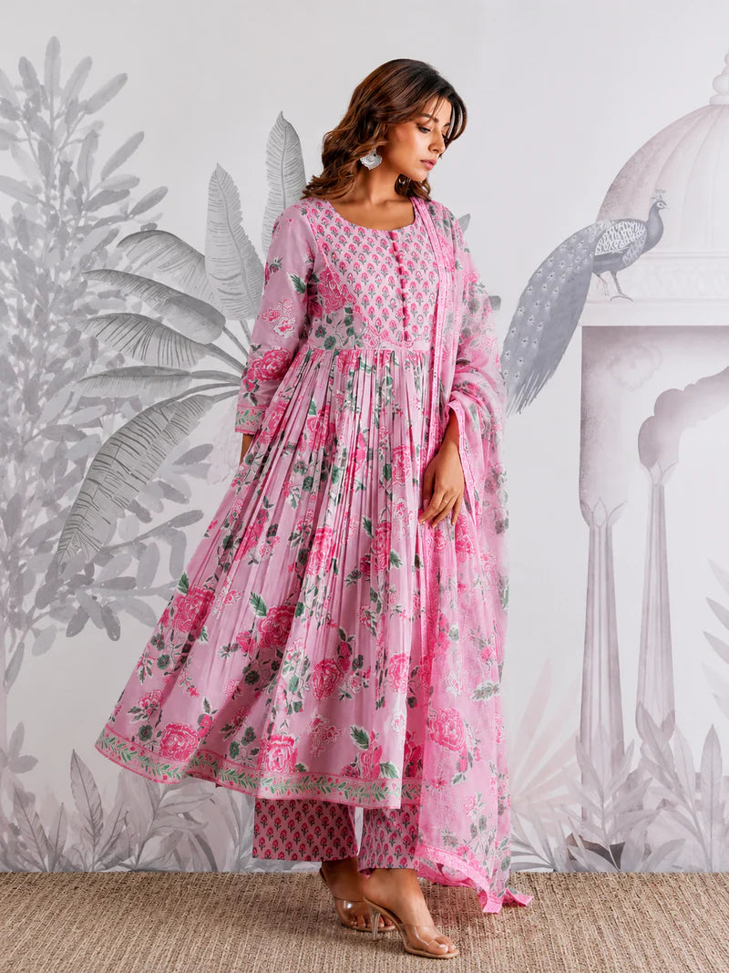 Premium Soft Pink Floral Jaipuri Cotton Flared Anarkali Suit Set