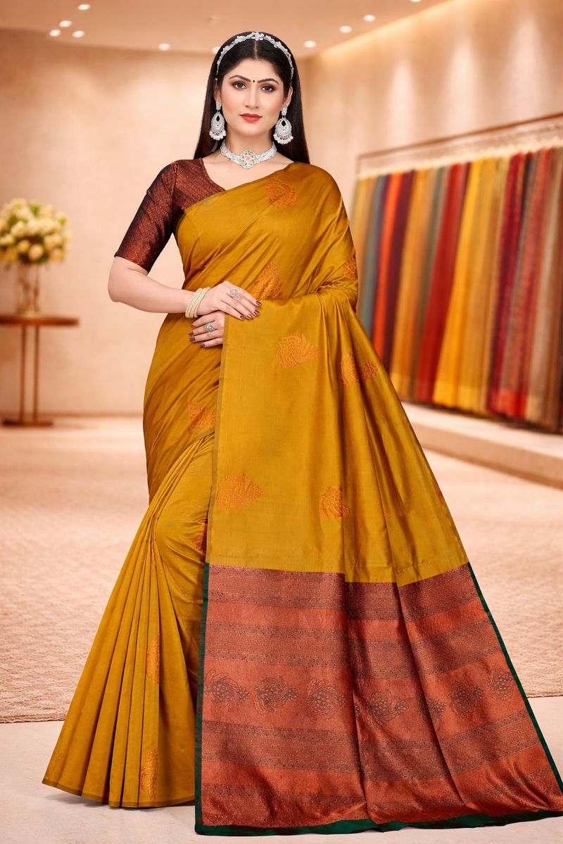 Elegant Dark Green Silk Saree with Mustard Gold Zari Border & Leaf Motifs