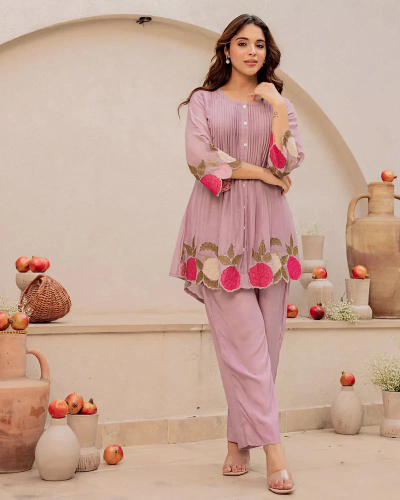 Elegant Lavender Floral Embroidered Mul Chanderi Co-ord Set
