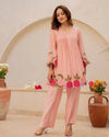 Elegant Peach Floral Embroidered Mul Chanderi Co-ord Set