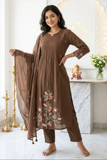 Premium Chocolate Brown Embroidered Cotton Blend Kurti & Pant Set with Dupatta