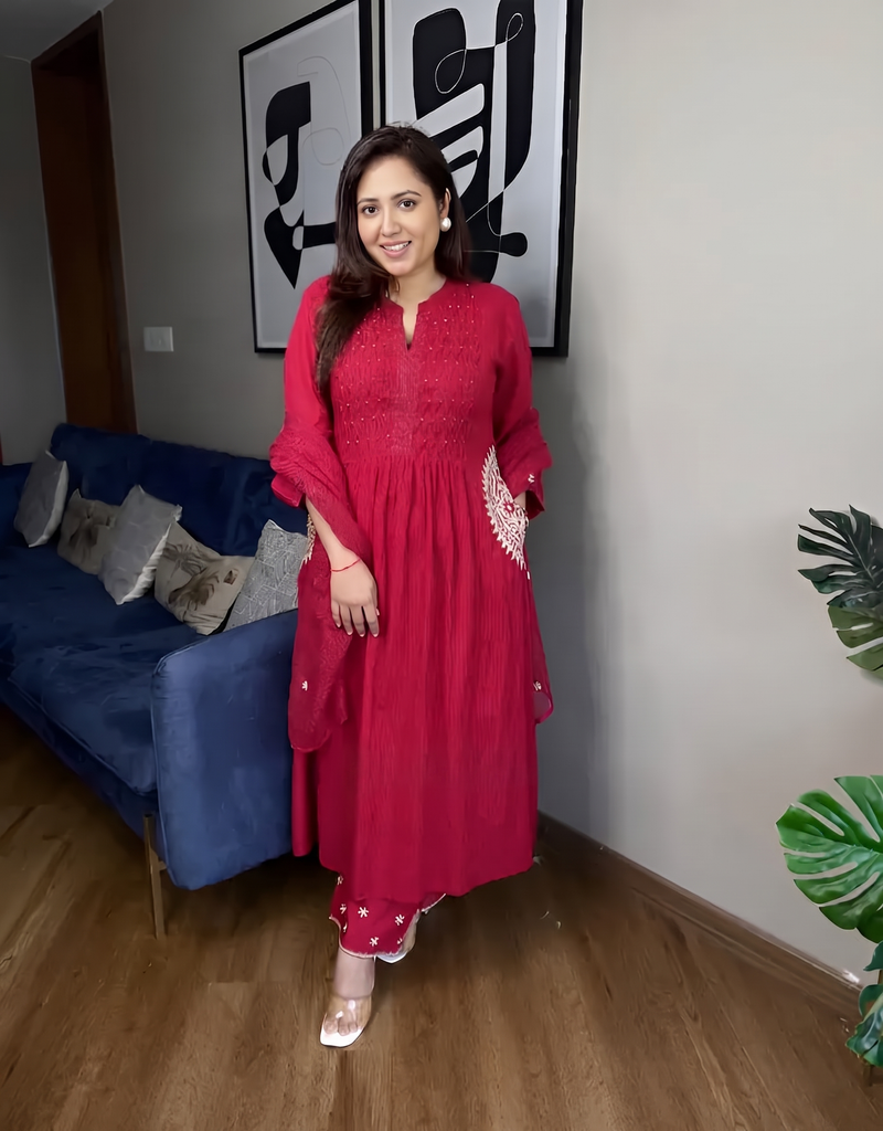 Premium Deep Red Pure Cotton 60 60 Handwork Suit Set