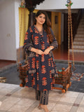 Block Print Cotton Suit Set with Embroidered V-Neck & Striped Pants