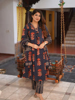 Block Print Cotton Suit Set with Embroidered V-Neck & Striped Pants