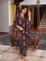 Block Print Cotton Suit Set with Embroidered V-Neck & Striped Pants