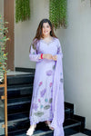 Lavender Lotus Embroidered Chinon Silk Suit Set with Dupatta