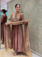 Copper Brown Embroidered Mul Chanderi Suit Set with Banarasi Dupatta
