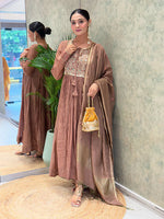 Copper Brown Embroidered Mul Chanderi Suit Set with Banarasi Dupatta
