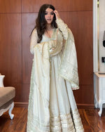 Off-White Premium Silk Anarkali Suit Set with Heavy Gold Border