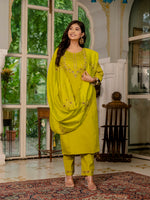 Mustard Yellow Embroidered Marina Silk Suit Set with Maslin Dupatta