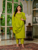 Parrot Green Embroidered Marina Silk Suit Set with Maslin Dupatta