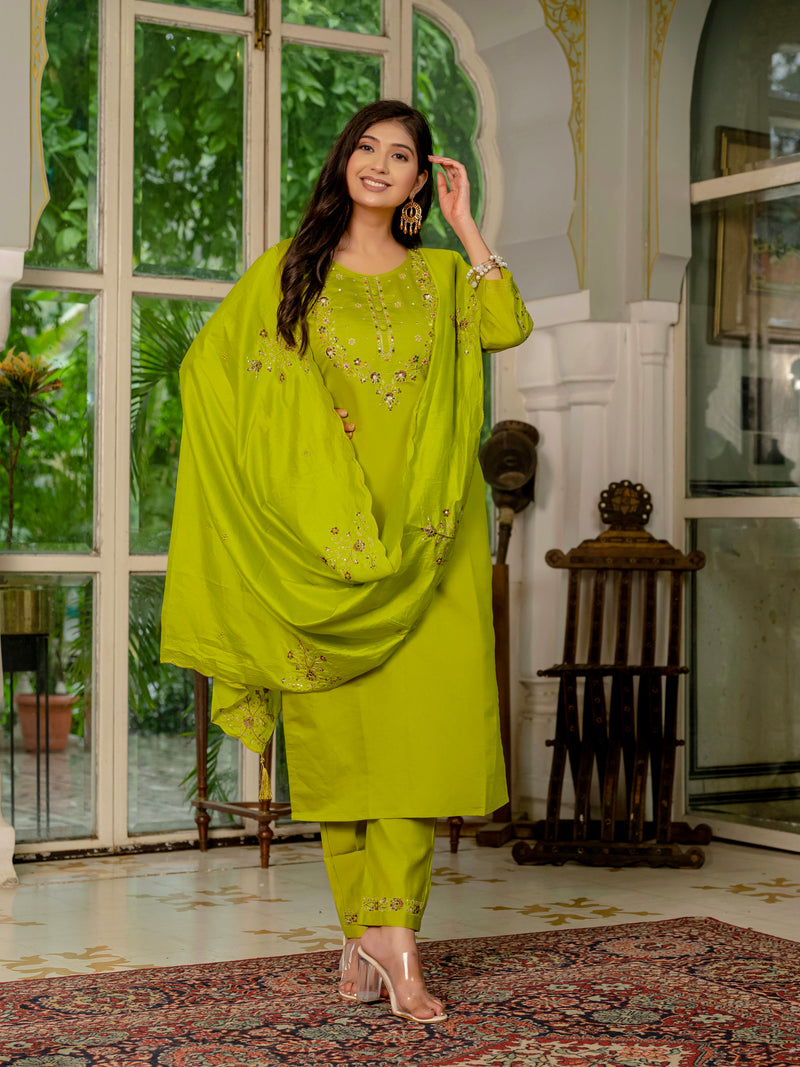 Parrot Green Embroidered Marina Silk Suit Set with Maslin Dupatta