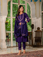 Deep Violet Embroidered Marina Silk Suit Set with Maslin Dupatta