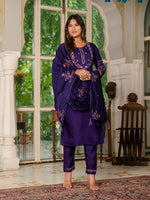 Deep Violet Embroidered Marina Silk Suit Set with Maslin Dupatta