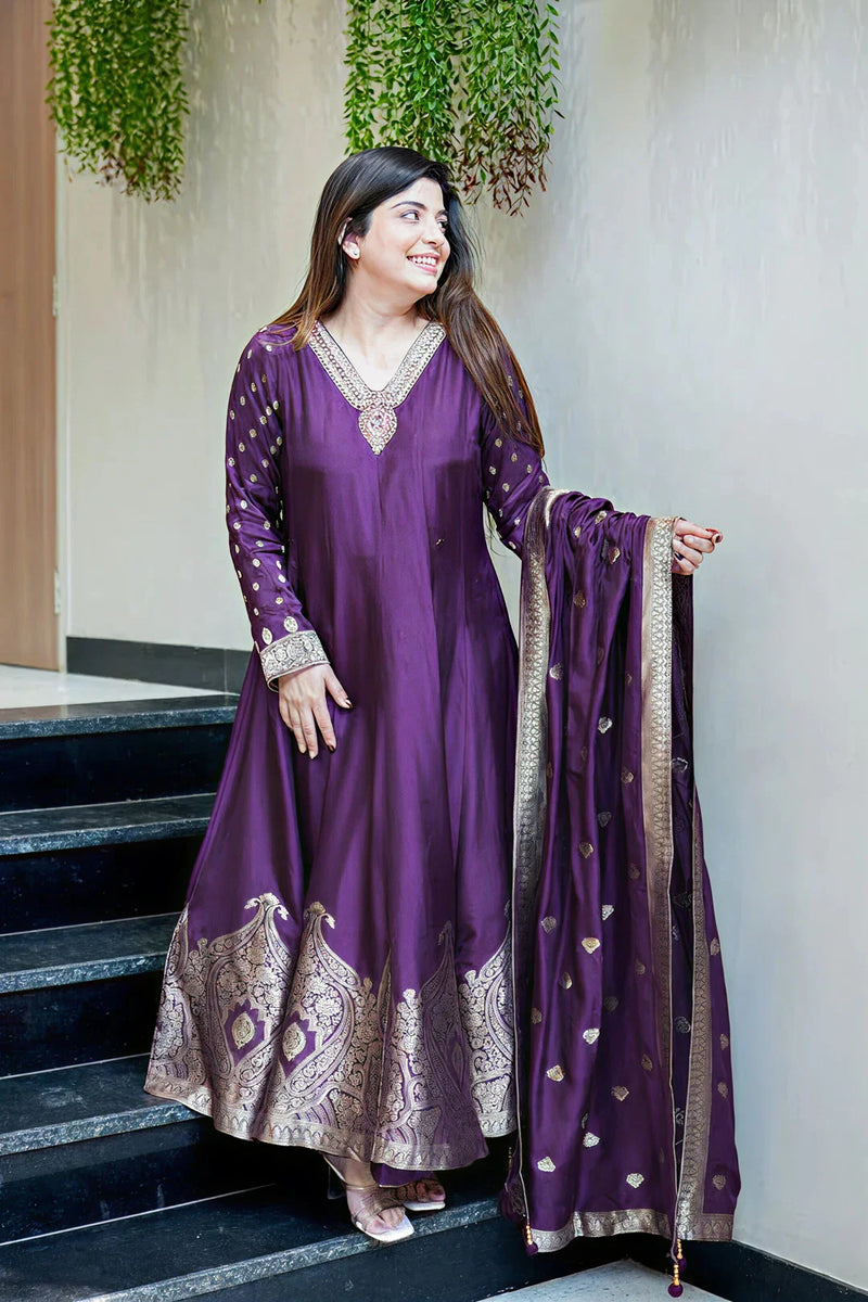Deep Purple Premium Banarasi Anarkali Suit Set with Handwork & Zari Flare
