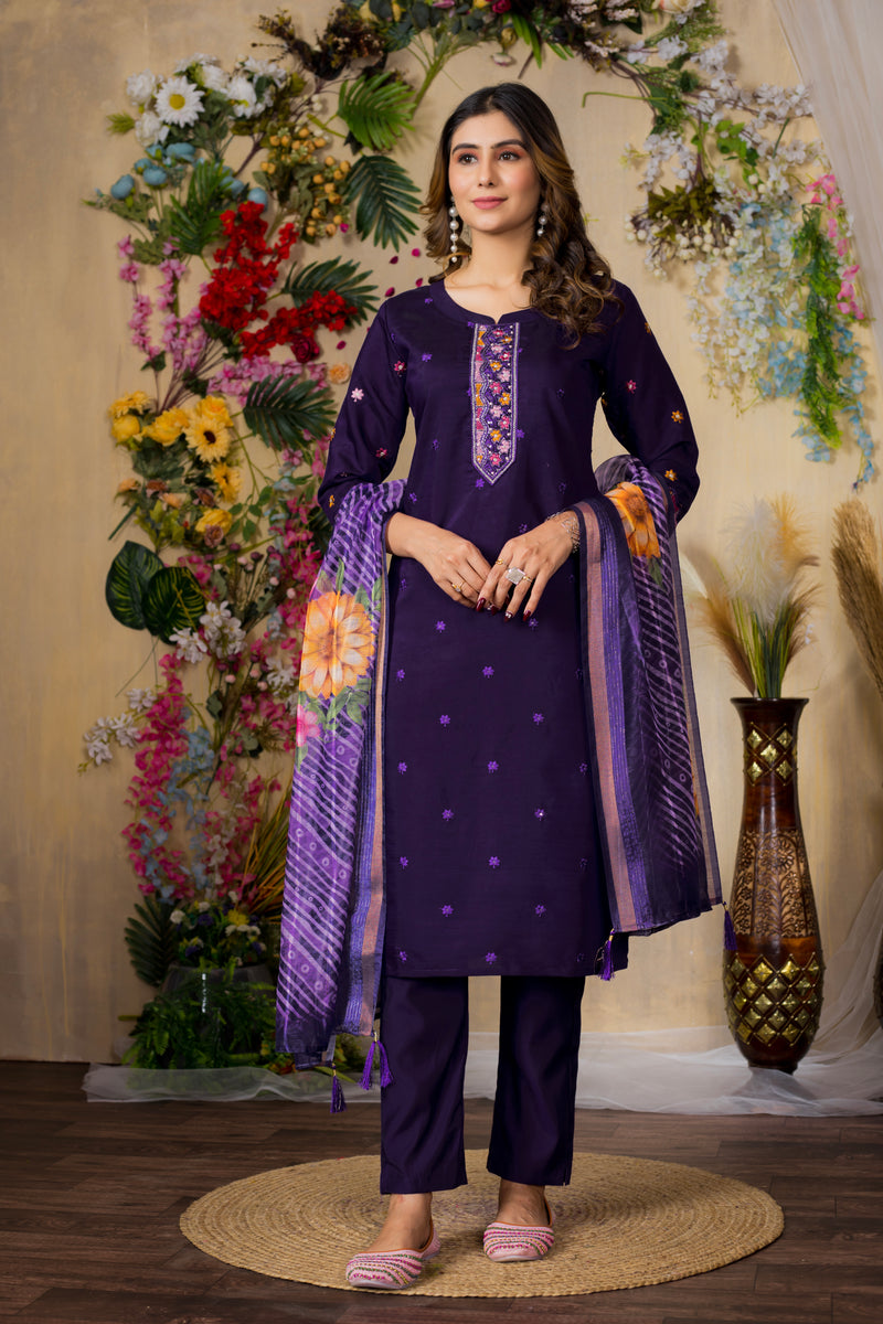 Purple Embroidered Roman Silk Suit Set with Printed Chanderi Dupatta
