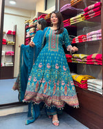 Teal Blue Rajasthani Printed Chinon Anarkali Suit Set