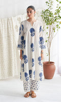 White & Indigo Blue Floral Block Print Pure Cotton Suit Set