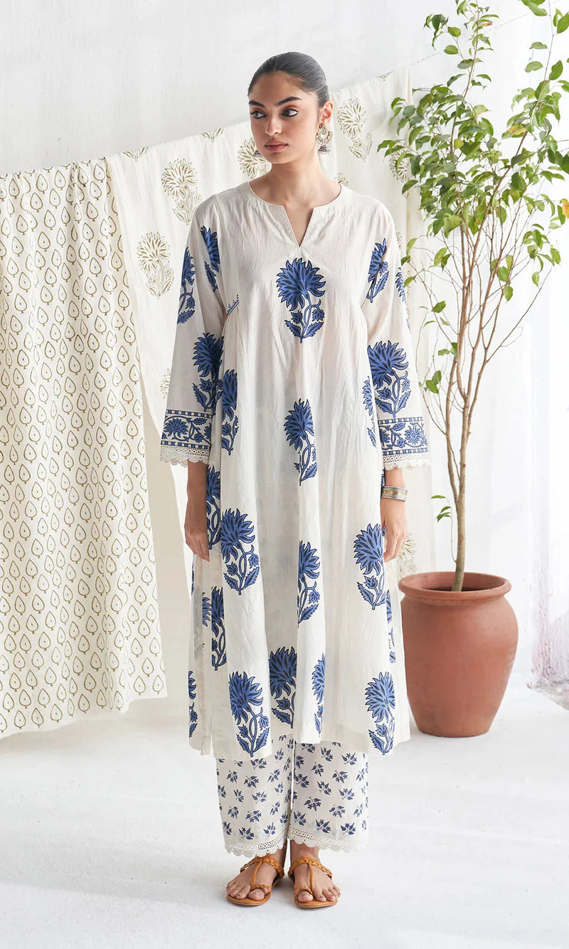 White & Indigo Blue Floral Block Print Pure Cotton Suit Set