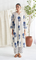 White & Indigo Blue Floral Block Print Pure Cotton Suit Set