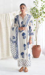 White & Indigo Blue Floral Block Print Pure Cotton Suit Set