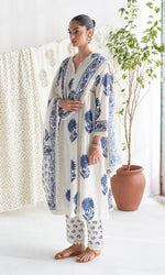 White & Indigo Blue Floral Block Print Pure Cotton Suit Set