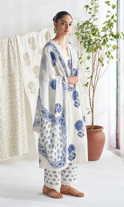 White & Indigo Blue Floral Block Print Pure Cotton Suit Set