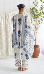 White & Indigo Blue Floral Block Print Pure Cotton Suit Set