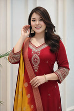 Vibrant Red Embroidered Straight Suit Set with Ombre Zari Dupatta