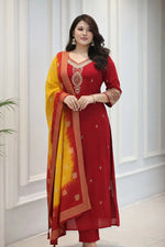 Vibrant Red Embroidered Straight Suit Set with Ombre Zari Dupatta