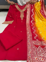 Vibrant Red Embroidered Straight Suit Set with Ombre Zari Dupatta