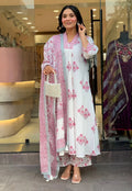 White & Pink Floral Block Print Pure Cotton Flared Suit Set