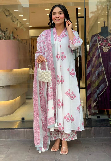 White & Pink Floral Block Print Pure Cotton Flared Suit Set