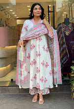 White & Pink Floral Block Print Pure Cotton Flared Suit Set