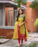 Mustard Yellow Cotton Silk Suit Set with Contrast Woven Borders