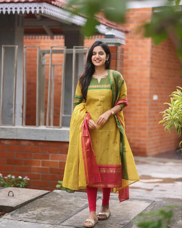 Mustard Yellow Cotton Silk Suit Set with Contrast Woven Borders
