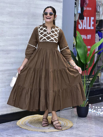 Brown Premium Jaipuri Cotton Gown with Hand Embroidery & Bagru Print