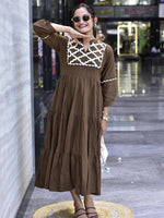Brown Premium Jaipuri Cotton Gown with Hand Embroidery & Bagru Print